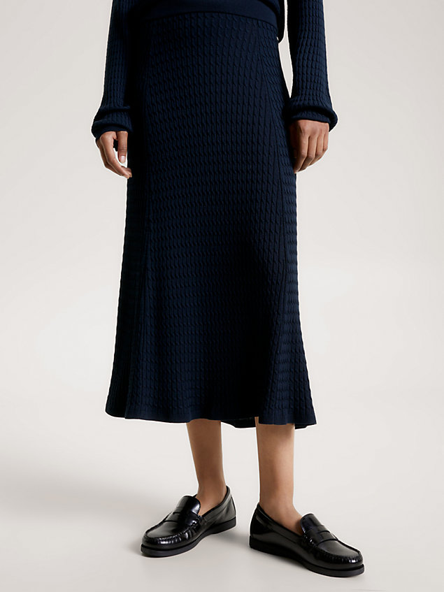 blue micro cable knit flare skirt for women tommy hilfiger