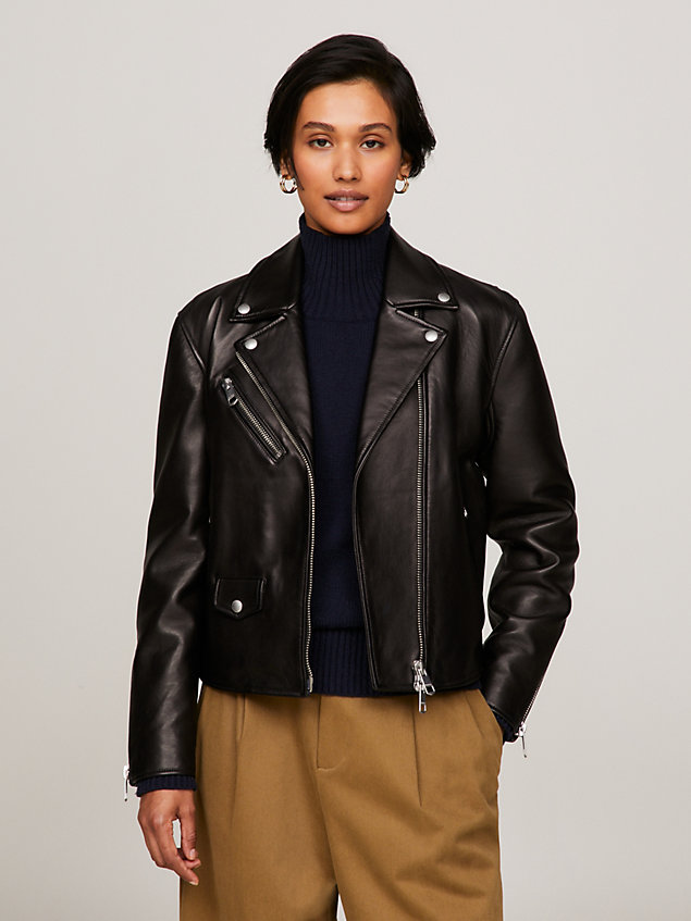 black leather slim fit biker jacket for women tommy hilfiger