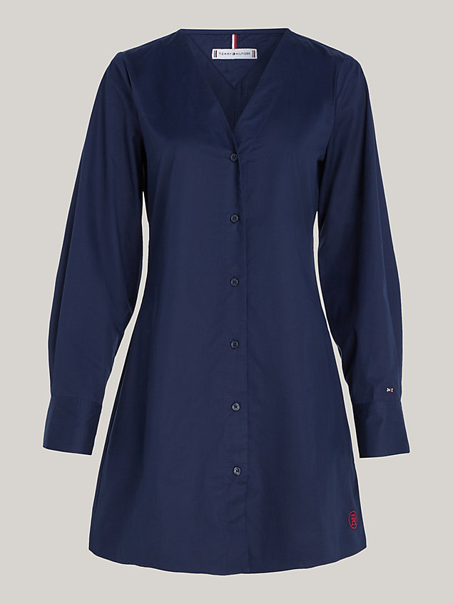 blue v-neck long sleeve fit and flare dress for women tommy hilfiger