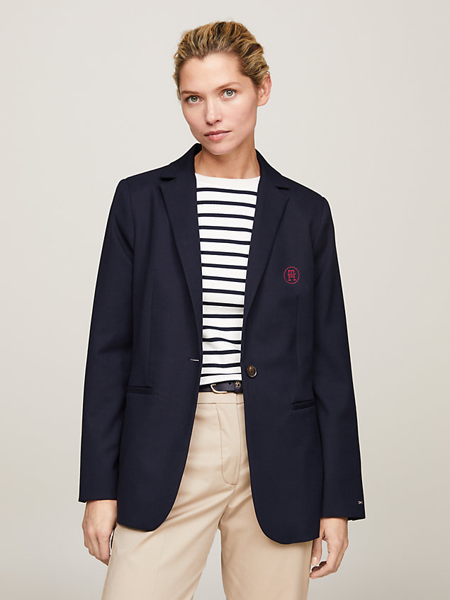 blue th monogram embroidery single breasted regular blazer for women tommy hilfiger