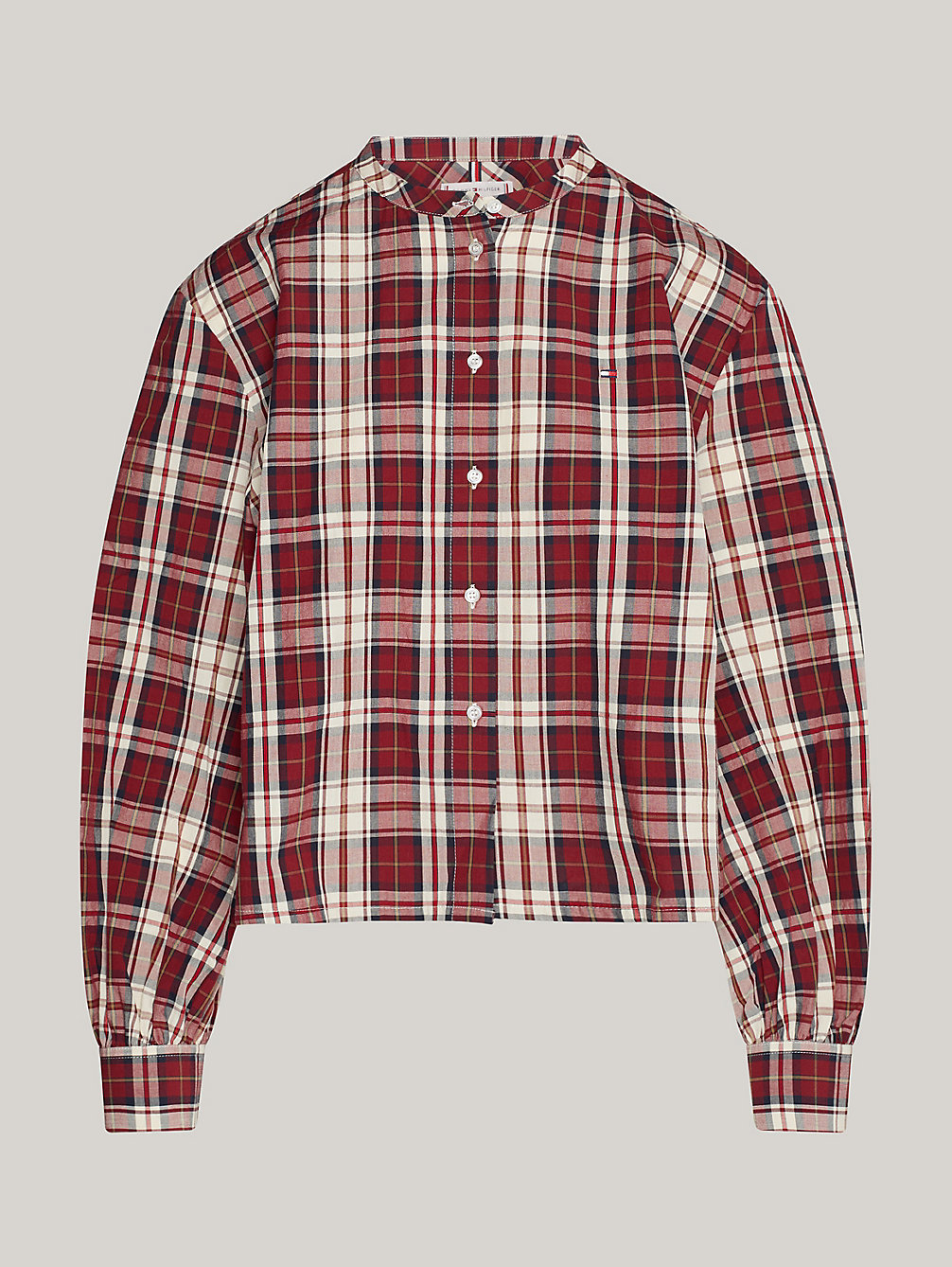 red tartan check collarless cropped shirt for women tommy hilfiger
