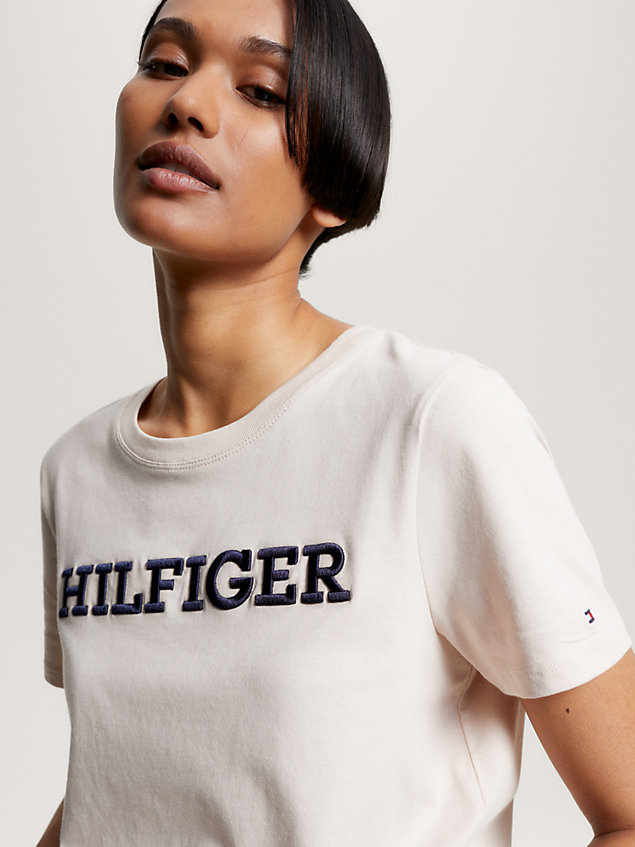 beige hilfiger monotype embroidery t-shirt for women tommy hilfiger