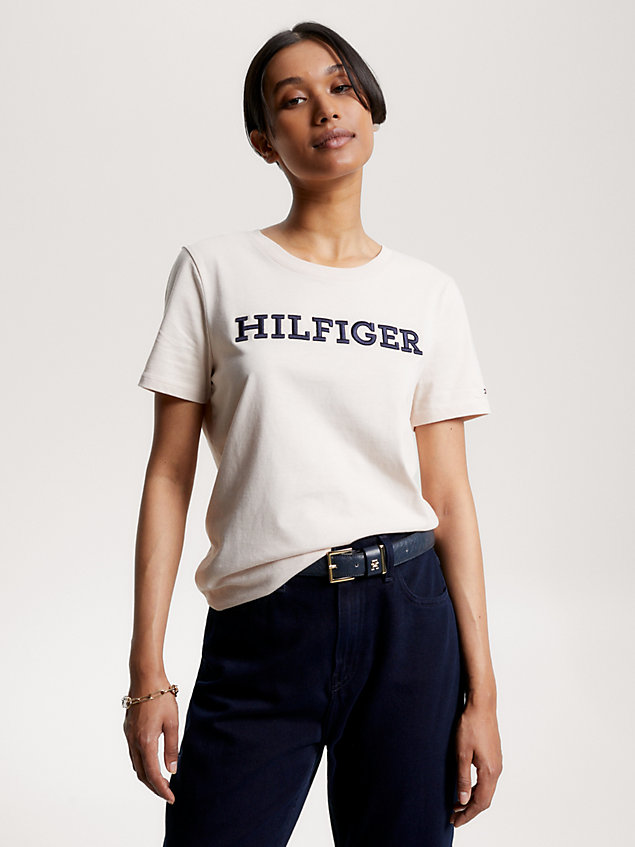 beige hilfiger monotype embroidery t-shirt for women tommy hilfiger