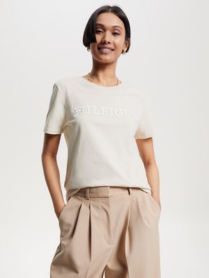 Hilfiger Beige Monotype Stickerei T-Shirt | Tommy | mit Hilfiger