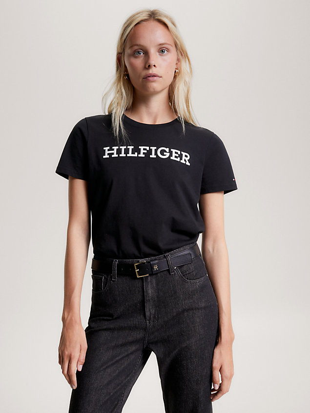 black hilfiger monotype t-shirt mit stickerei für damen - tommy hilfiger