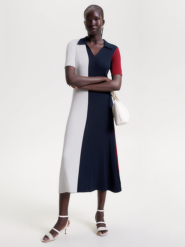 blue colour-blocked slim fit midi polo dress for women tommy hilfiger