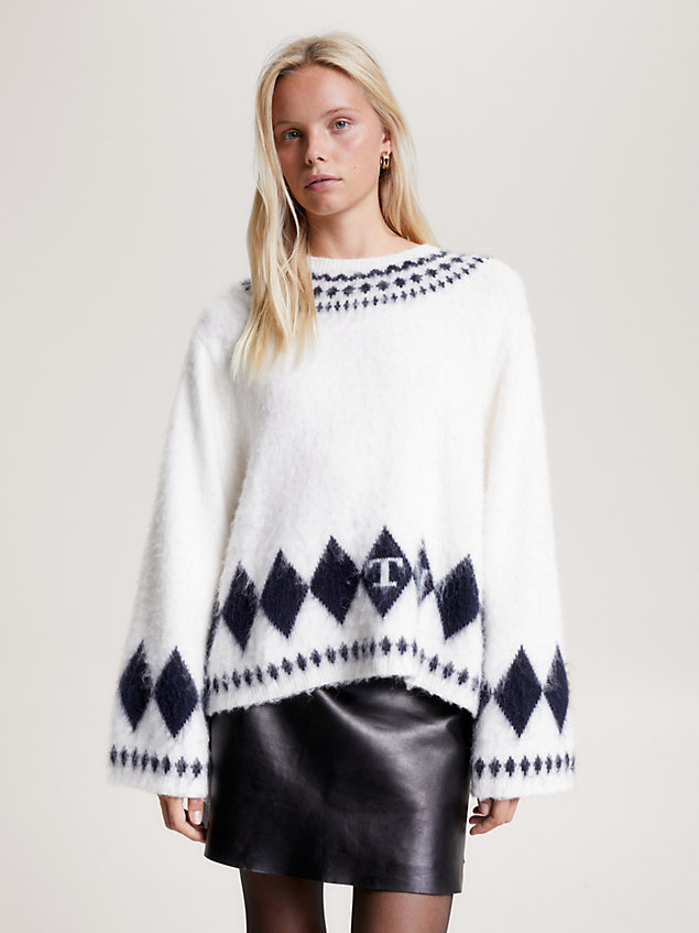 white sweter oversize w szetlandzki wzór dla kobiety - tommy hilfiger