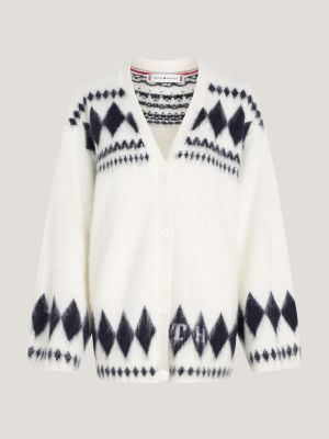 Fair Isle Oversized V-Neck Cardigan, White