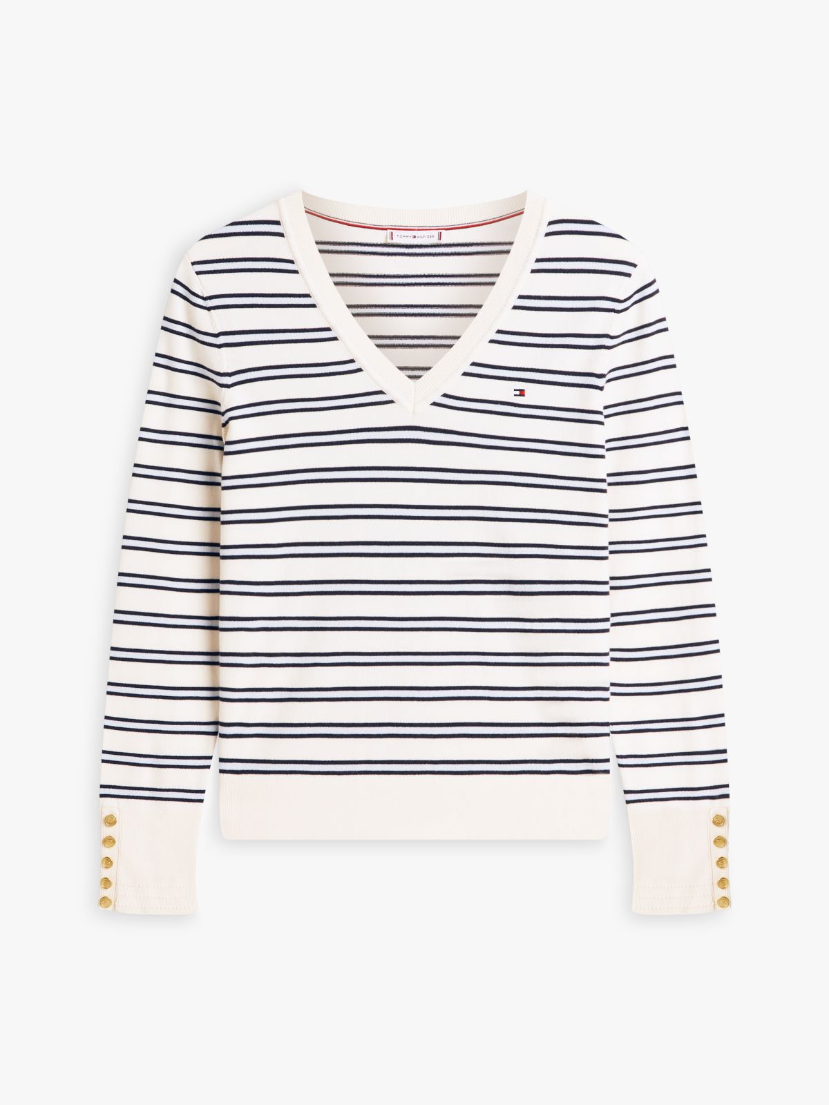 Gold-Tone Button Cuff V-Neck Jumper — Beige