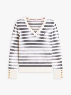 Gold-Tone Button Cuff V-Neck Jumper — Beige 5