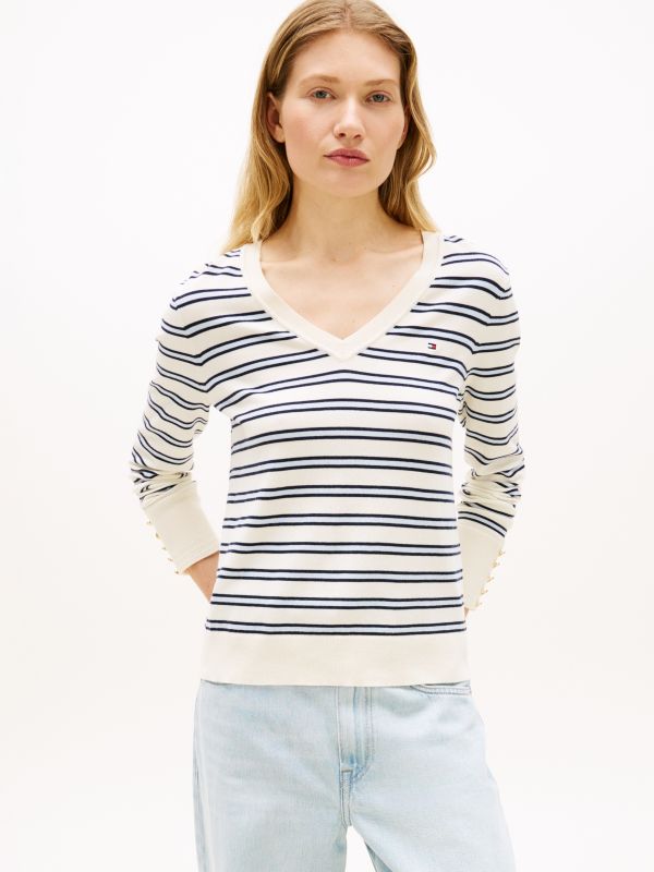 Gold-Tone Button Cuff V-Neck Jumper — Beige