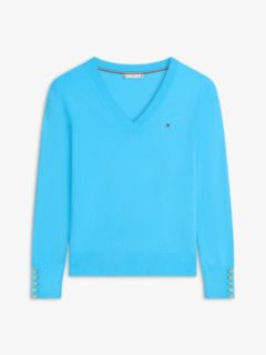 Gold-Tone Button Cuff V-Neck Jumper — Blue 5