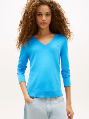 blue fine knit jersey v-neck jumper for women tommy hilfiger