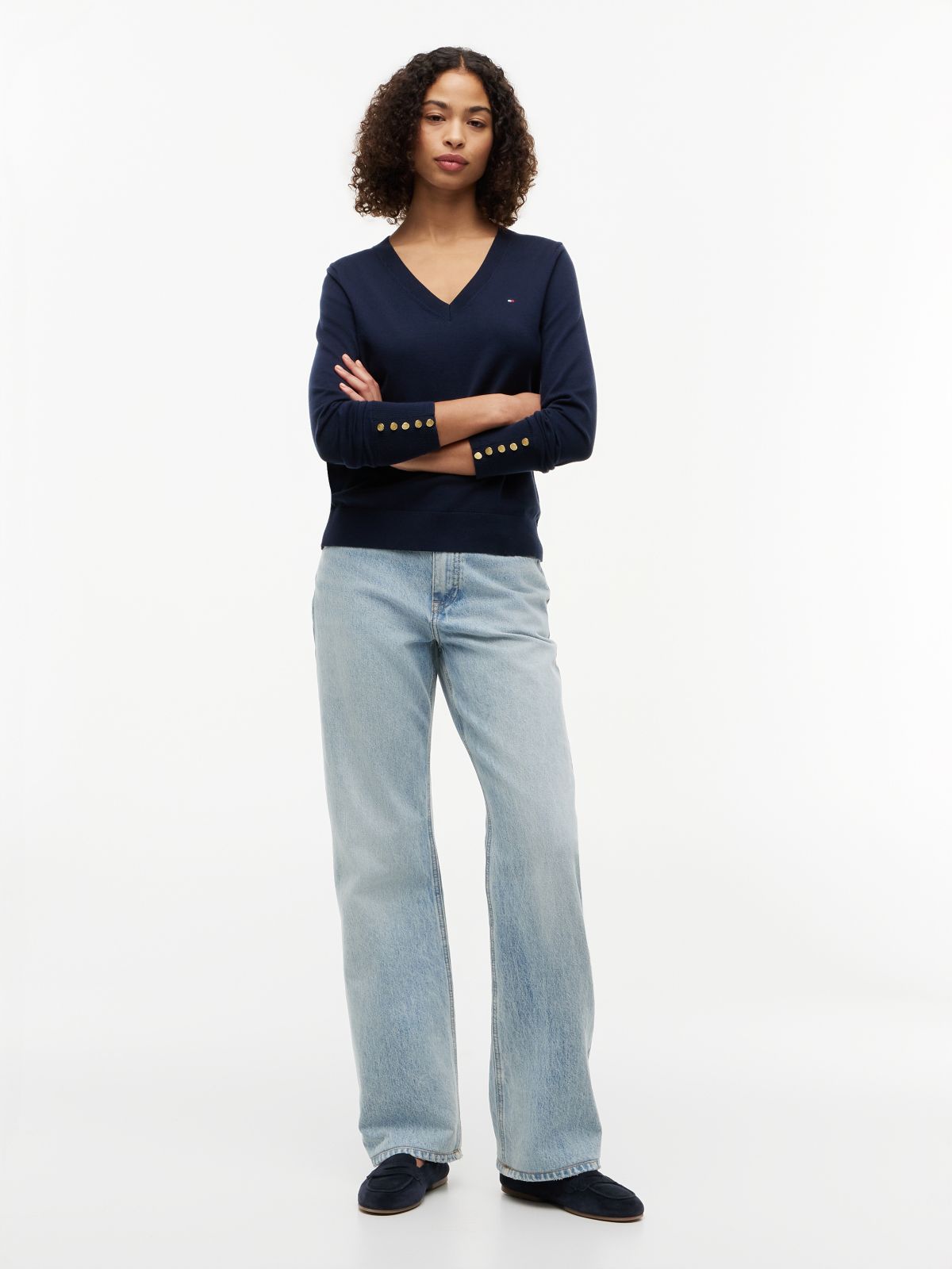 Gold-Tone Button Cuff V-Neck Jumper — Blue