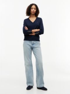 Gold-Tone Button Cuff V-Neck Jumper — Blue 2