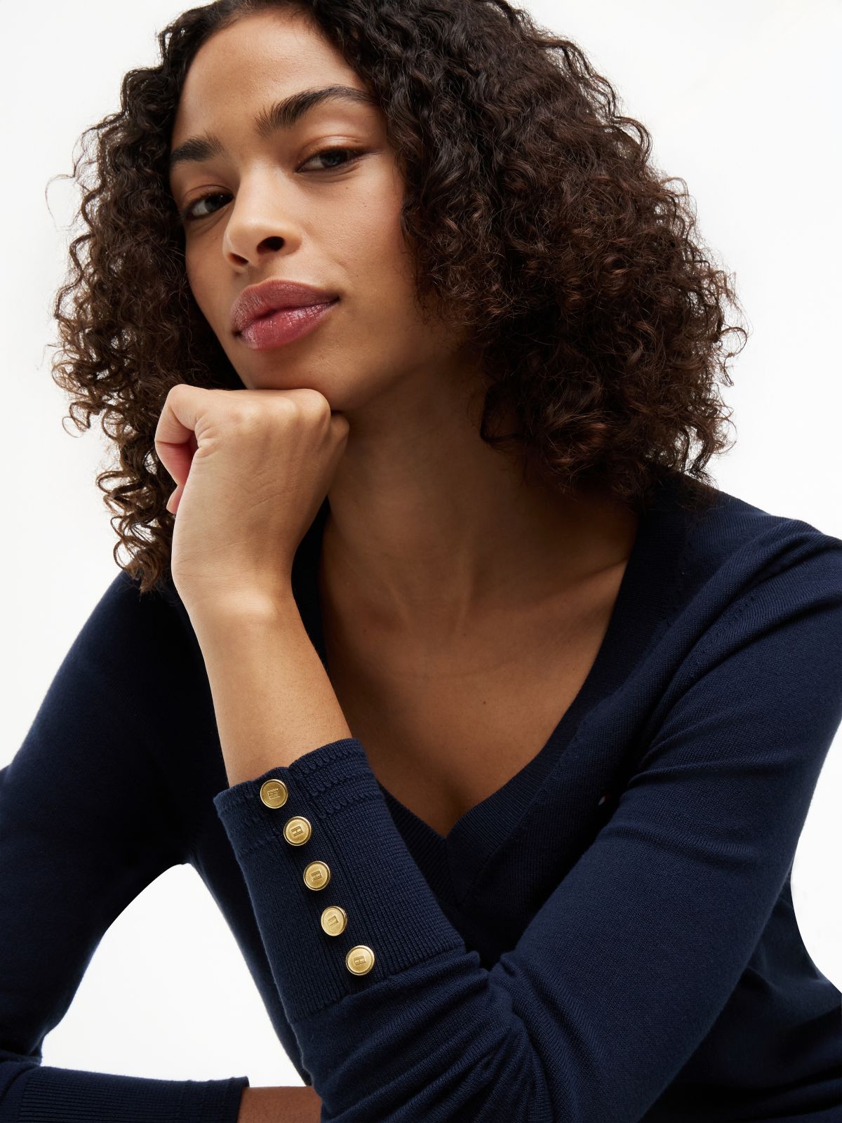 Gold-Tone Button Cuff V-Neck Jumper — Blue