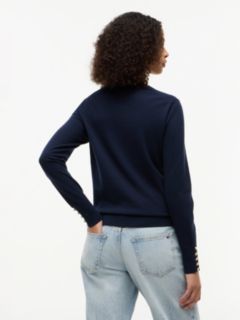 Gold-Tone Button Cuff V-Neck Jumper — Blue 4