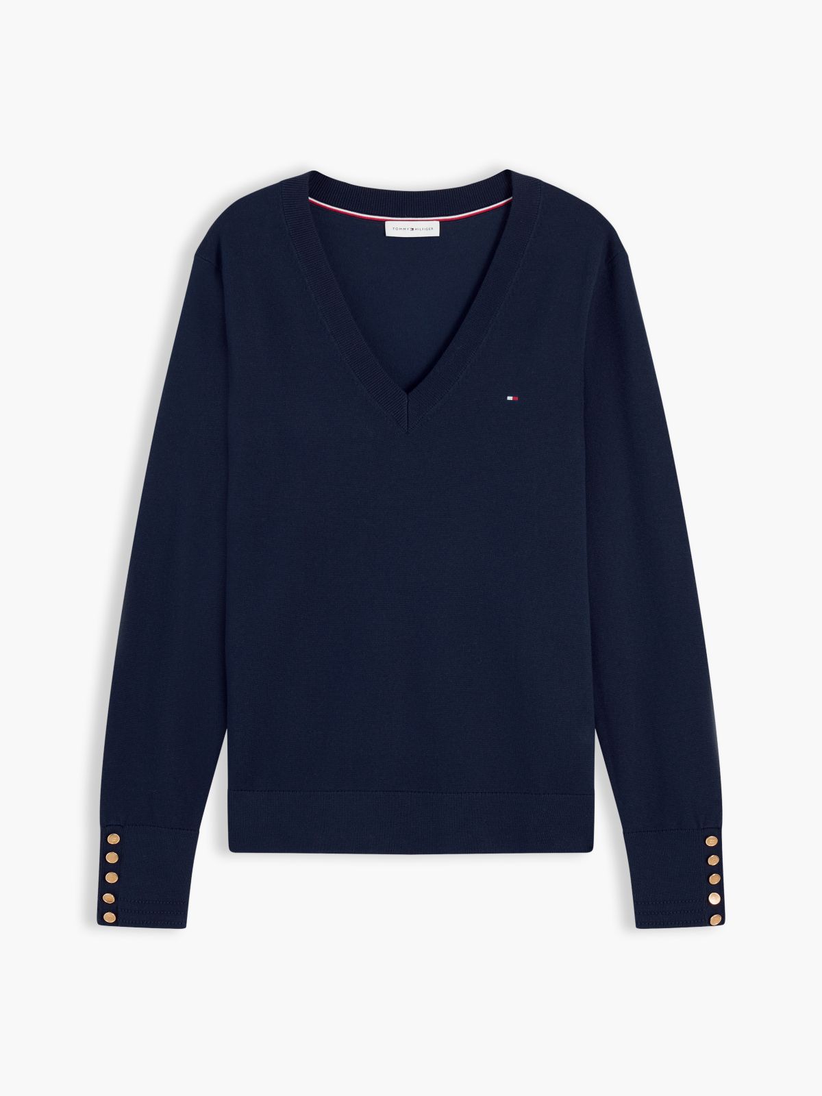 Gold-Tone Button Cuff V-Neck Jumper — Blue