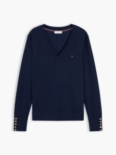 Gold-Tone Button Cuff V-Neck Jumper — Blue 5