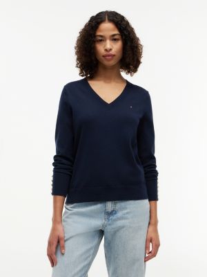 blue gold-tone button cuff v-neck jumper for women tommy hilfiger