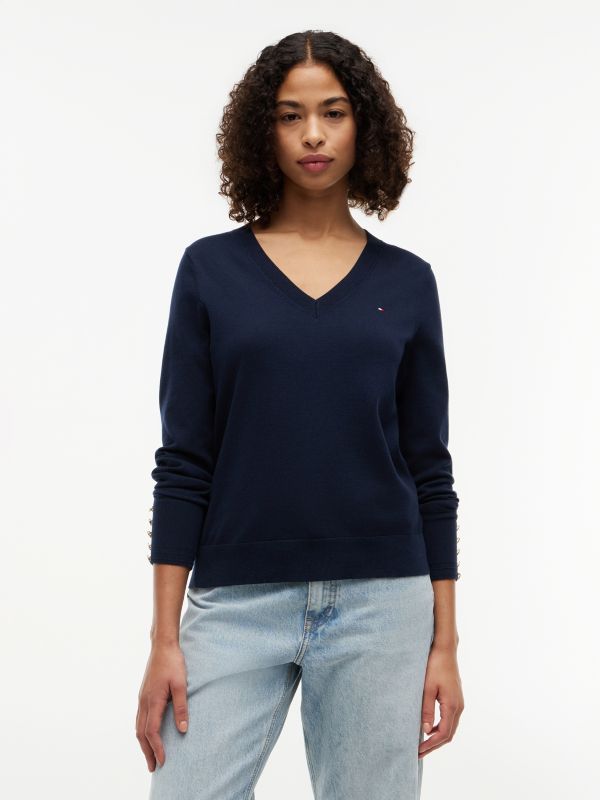 Gold-Tone Button Cuff V-Neck Jumper — Blue