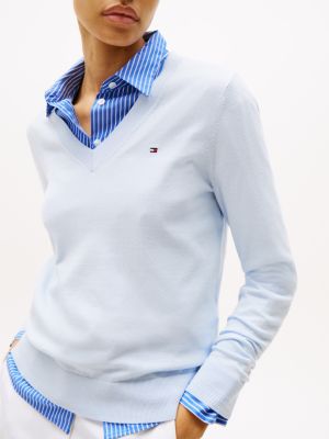 white fine knit jersey v-neck jumper for women tommy hilfiger