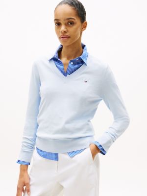 pull en maille fine à col en v white pour femmes tommy hilfiger