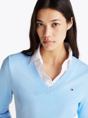 pull en maille fine à col en v bleu pour femmes tommy hilfiger