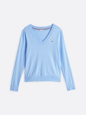 blau feinstrickpullover mit v-ausschnitt für damen - tommy hilfiger