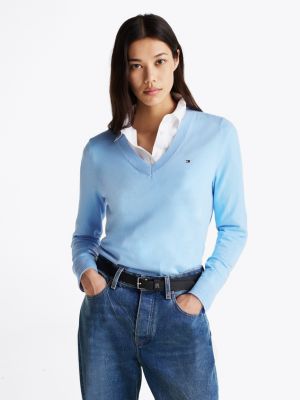 blau feinstrickpullover mit v-ausschnitt für damen - tommy hilfiger