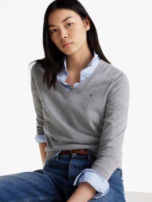 grey fine knit jersey v-neck jumper for women tommy hilfiger