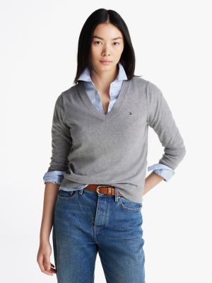 grey fine knit jersey v-neck jumper for women tommy hilfiger