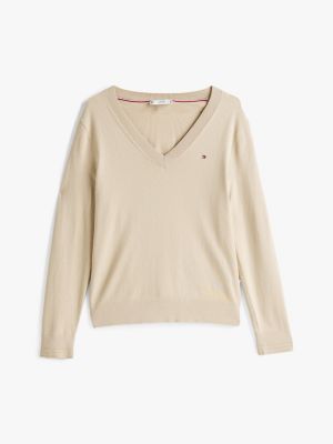 beige fine knit jersey v-neck jumper for women tommy hilfiger