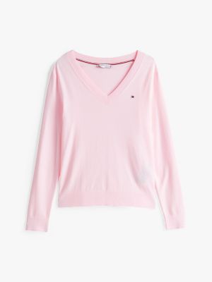 pink fine knit jersey v-neck jumper for women tommy hilfiger