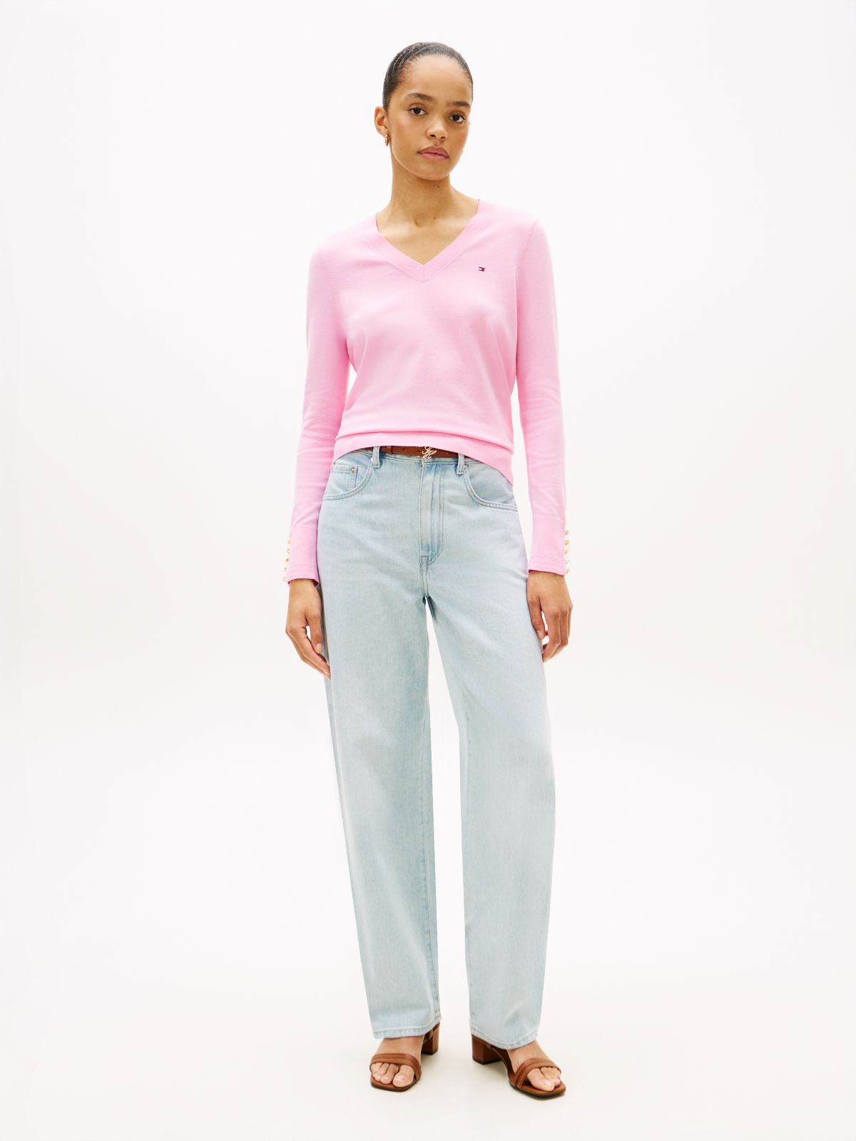 Gold-Tone Button Cuff V-Neck Jumper — Pink