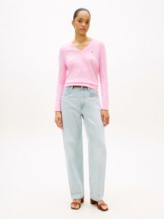 Gold-Tone Button Cuff V-Neck Jumper — Pink 3