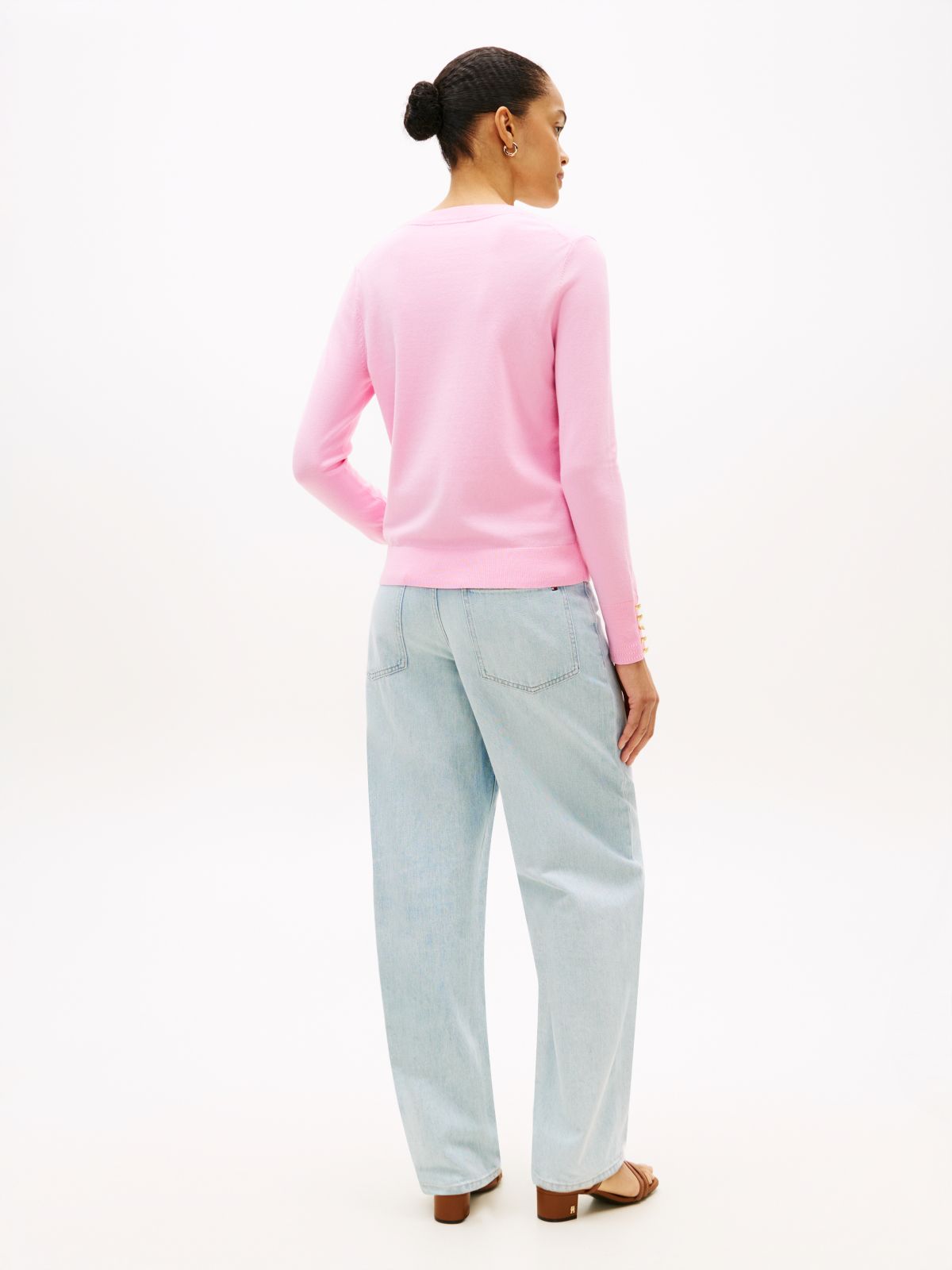 Gold-Tone Button Cuff V-Neck Jumper — Pink