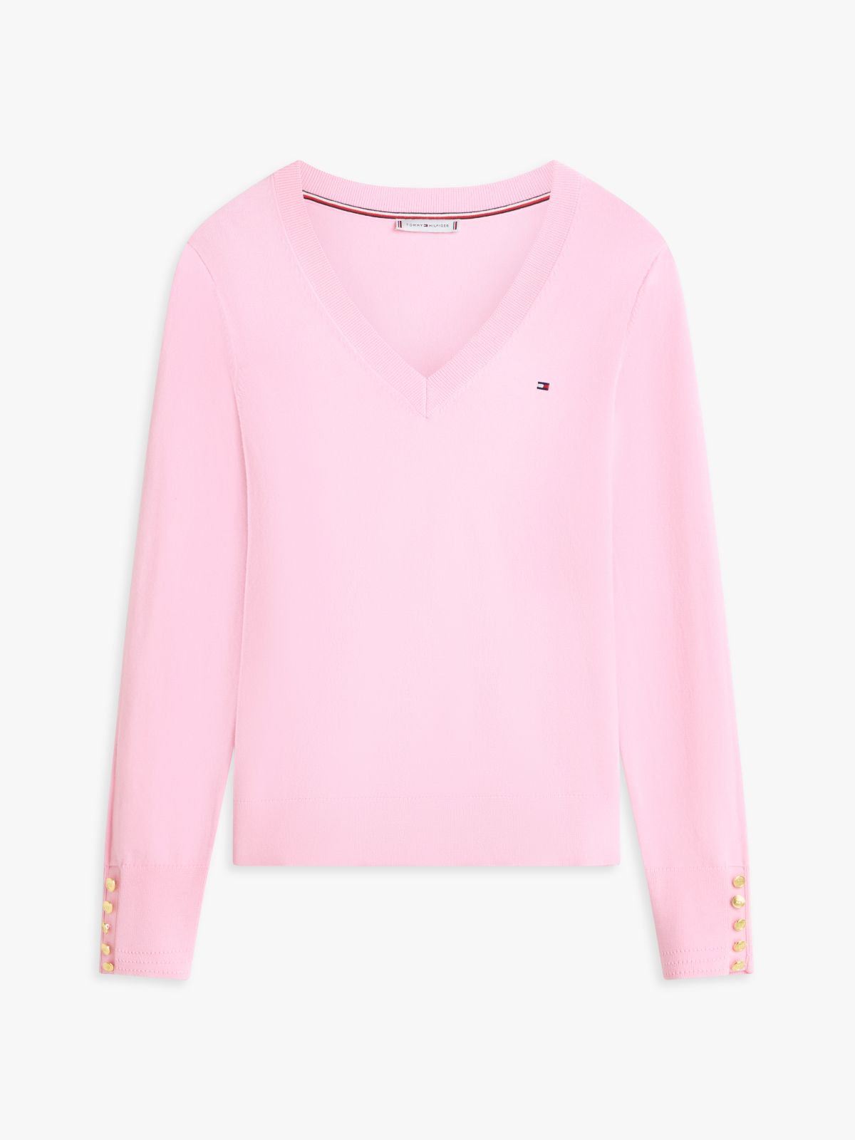 Gold-Tone Button Cuff V-Neck Jumper — Pink