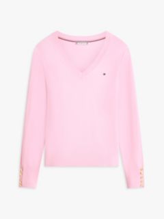 Gold-Tone Button Cuff V-Neck Jumper — Pink 5