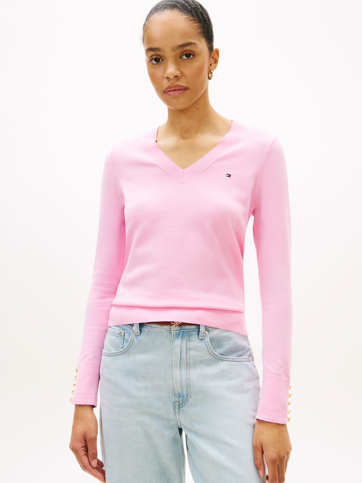 Gold-Tone Button Cuff V-Neck Jumper — Pink