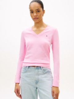 Gold-Tone Button Cuff V-Neck Jumper — Pink 1