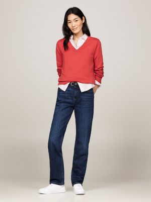 red v-neck jersey jumper for women tommy hilfiger