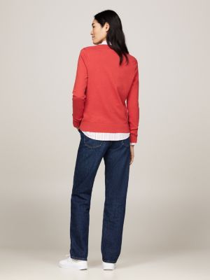 red v-neck jersey jumper for women tommy hilfiger