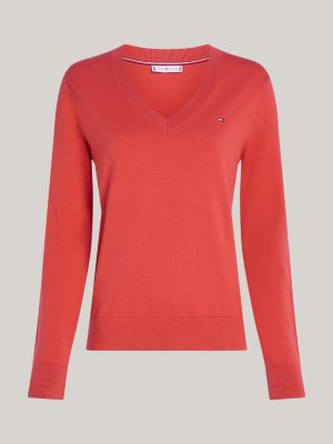 red v-neck jersey jumper for women tommy hilfiger