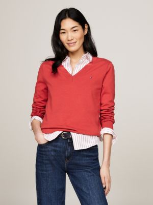 red v-neck jersey jumper for women tommy hilfiger