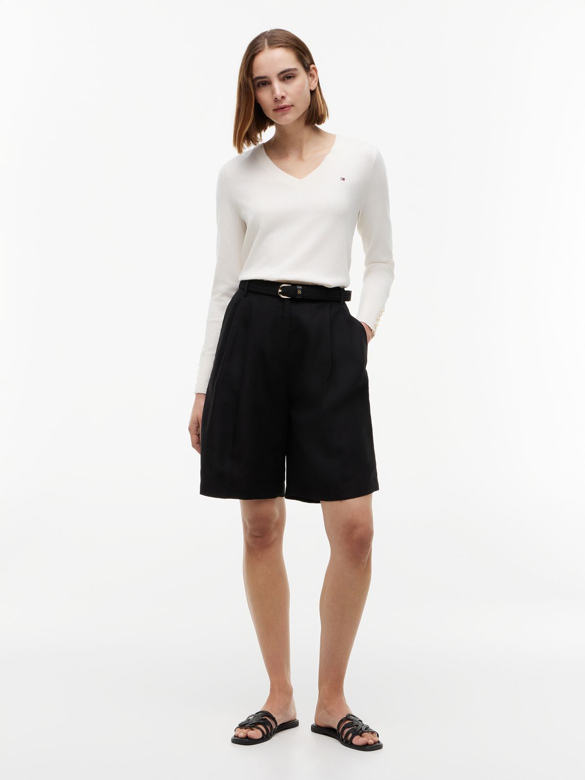 Gold-Tone Button Cuff V-Neck Jumper — White