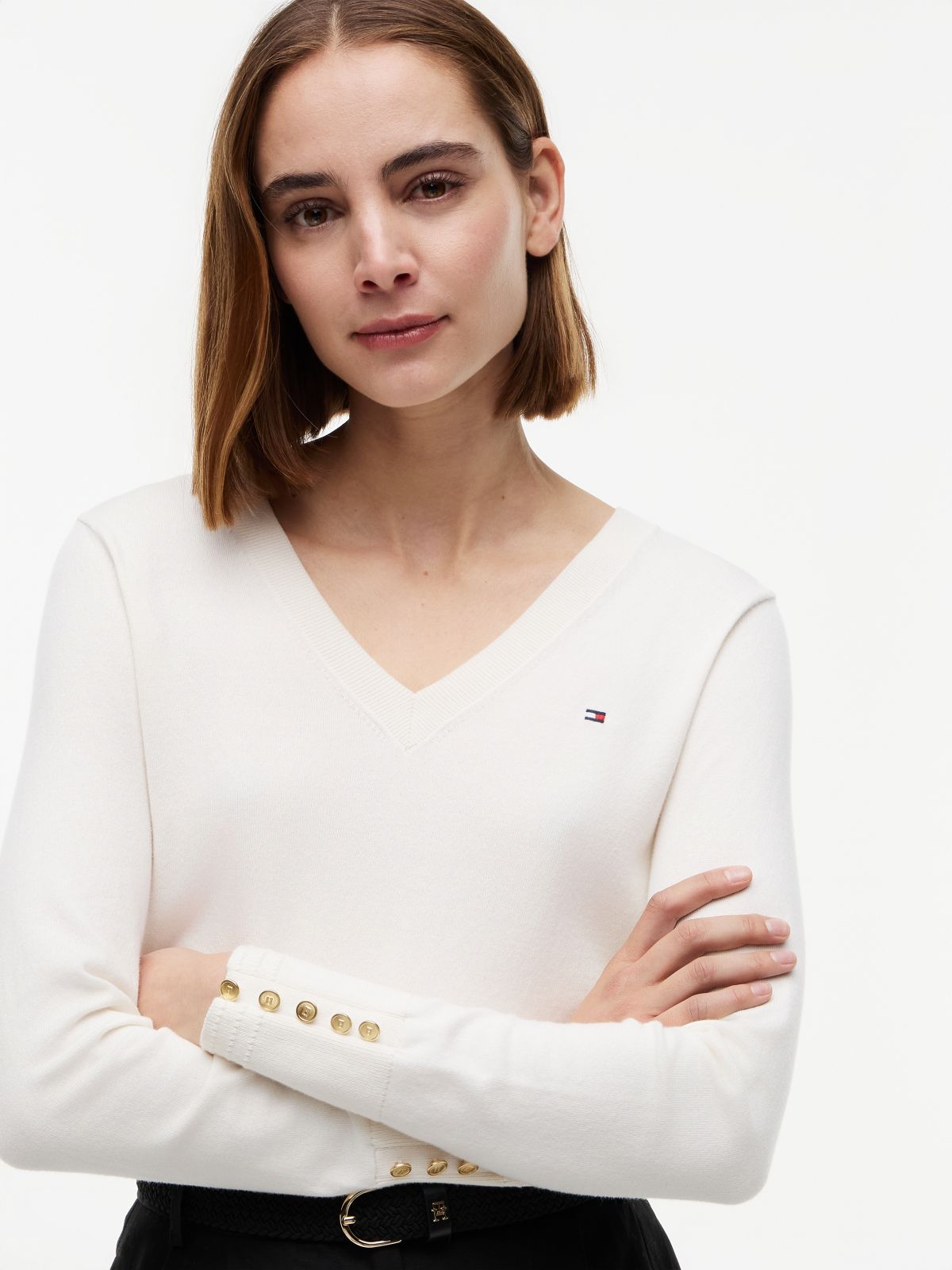 Gold-Tone Button Cuff V-Neck Jumper — White