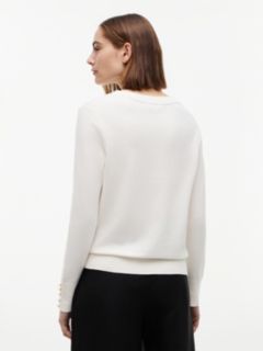 Gold-Tone Button Cuff V-Neck Jumper — White 4