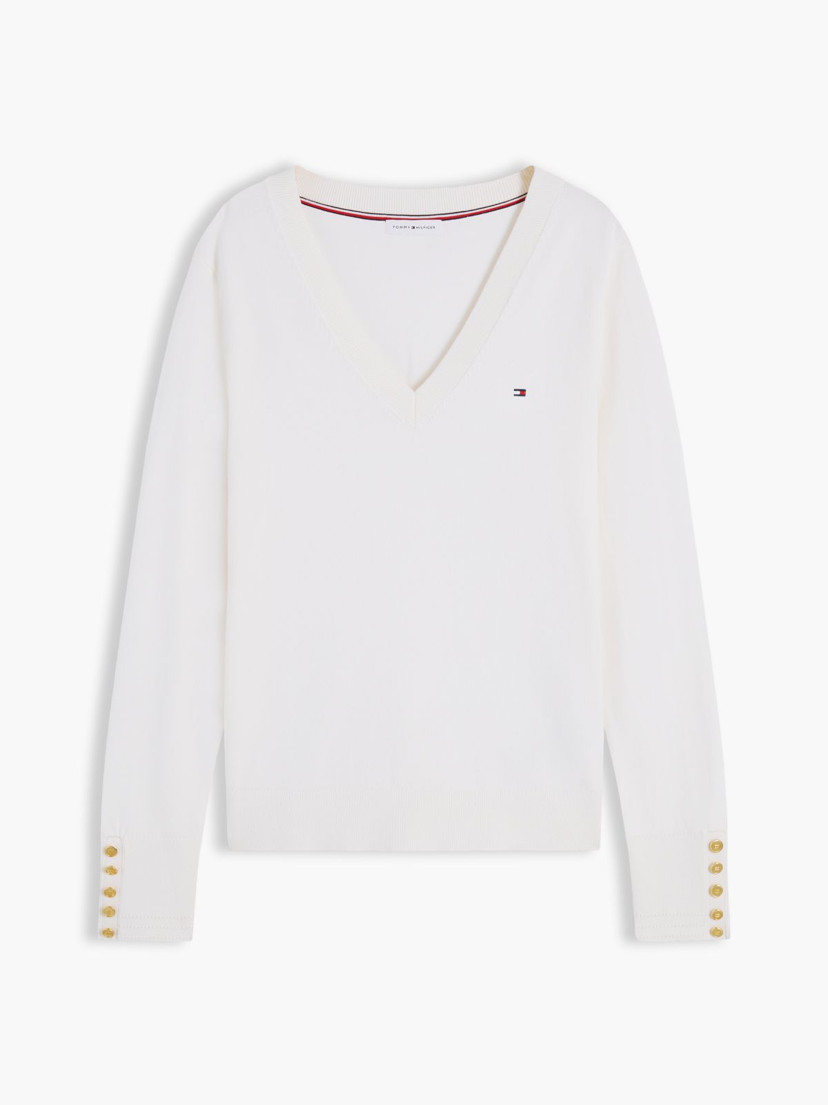 Gold-Tone Button Cuff V-Neck Jumper — White