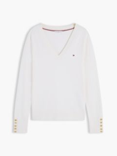Gold-Tone Button Cuff V-Neck Jumper — White 5
